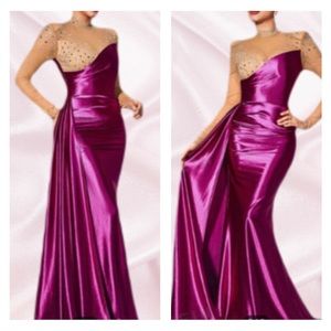 Hot Pink Rhinestone Detail Ruched Formal Gown Dress